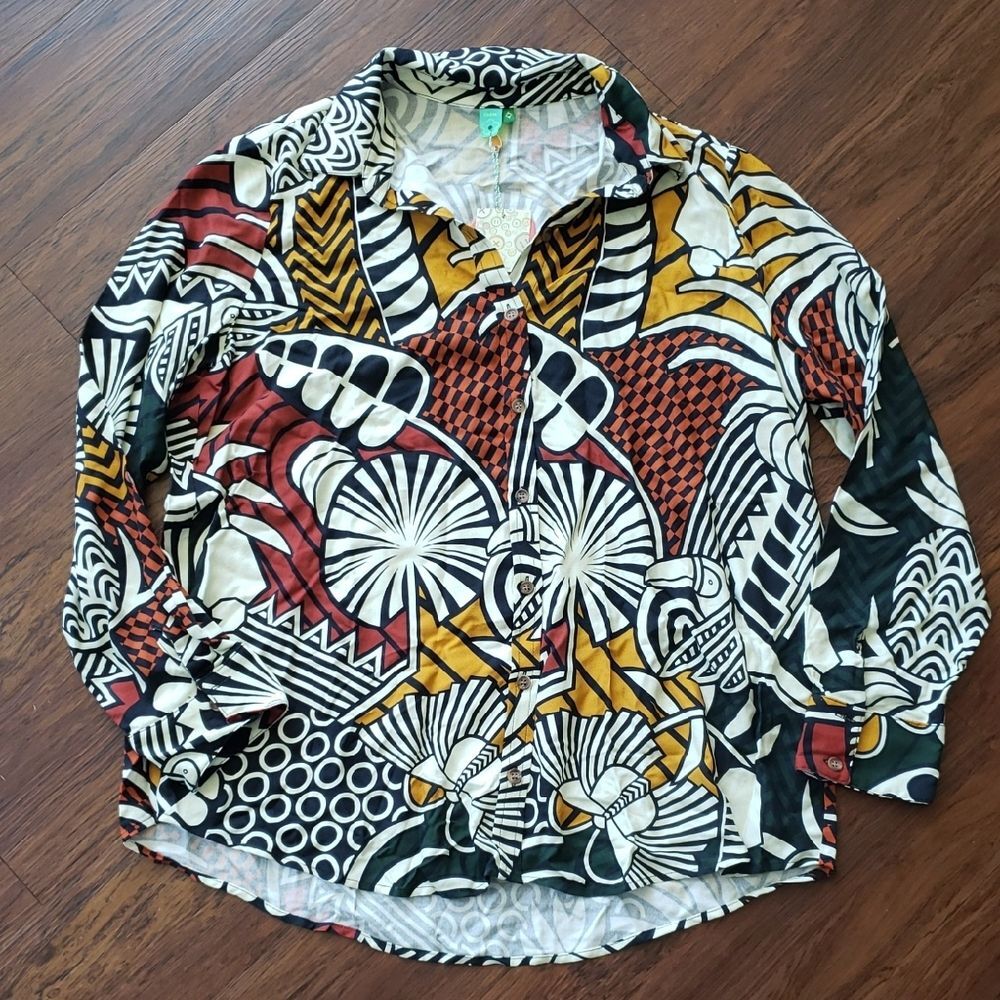 Farm Rio Blouse XL Tropical Edgy Feminine Casual Trendy Whimsical Hawaiian Boho